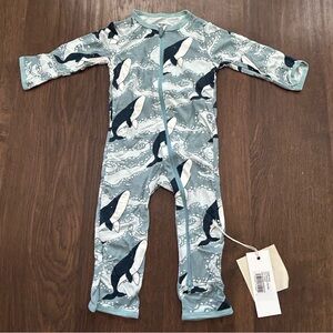 KicKee Pants Bamboo Coverall with Two Way Zipper Stormy Sea Splashing Whales 6-9